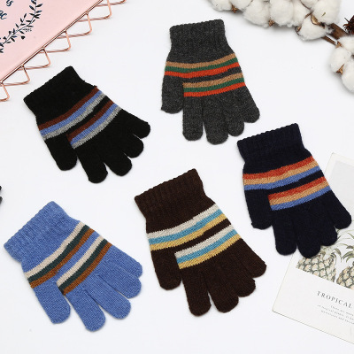 Winter Children's Thermal Gloves Primary School Children's Wool Finger Gloves Striped Children's Full Finger Gloves Factory Direct Sales