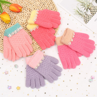 Winter Children's Five-Finger Knitted Gloves Five-Finger Warm Gloves Pearl Small Flower Pattern Boys and Girls Imitation Cashmere Gloves