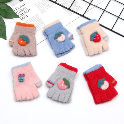 Children's Gloves Half Finger Gloves Autumn and Winter Personalized Strawberry Warm Gloves Jacquard Cute Wild Baby Gloves