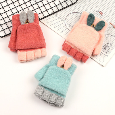 Children's Gloves Autumn and Winter Half Finger Rabbit Warm Gloves Universal Jacquard Flip Gloves Baby Outdoor Windproof Gloves