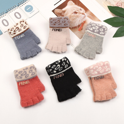Women's Autumn and Winter Cute Letters Korean Style Leopard Print Gloves Fashionable Women's Outdoor Keep Warm Half Finger Gloves