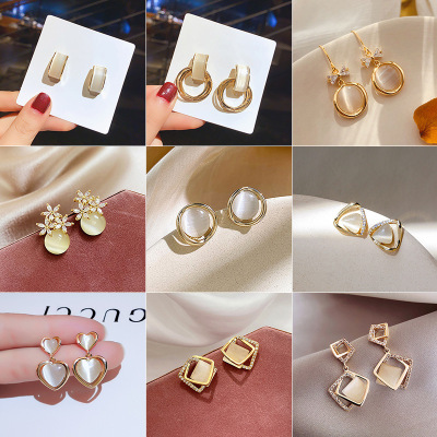 925 Silver Needle Opal Earrings Korean Graceful Geometric Square Jeweled Earrings Internet Celebrity Simple Earrings Female Wholesale