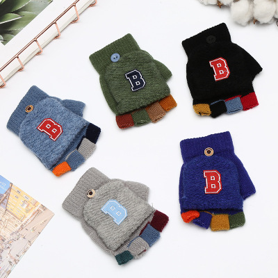 New Children's Gloves Letter Labeling Boys' Flip Gloves Autumn and Winter Outdoor Keep Warm Gloves Factory Wholesale