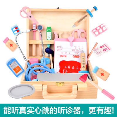 Children's Little Doctor Toy Set Simulation Wooden Medicine Box Girls Playing House Injection Stethoscope Toy Boy
