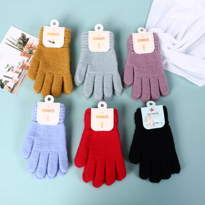 Solid Color Finger Women's Gloves Autumn Knitted Wool Fleece-Lined Winter Cycling Thermal Knitting Gloves for Students