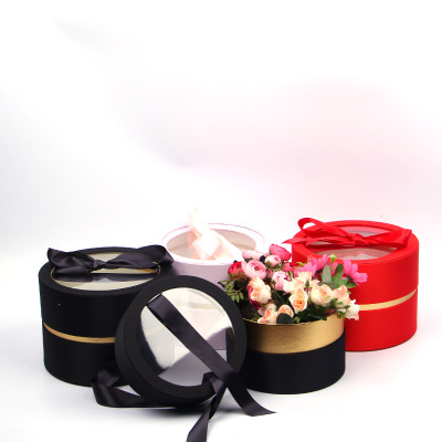 High-End Satin Gift Box Cloth Cover High-End Flower Bucket Box PVC Transparent Gift Box round Gift Box Two-Piece Set