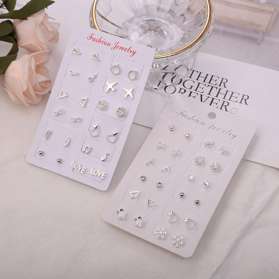 12 Pairs Silver Earings Set Korean Style New Popular Small Ear Studs Simple Wild Earrings Combination for Female Students