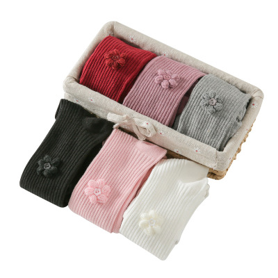 Korean Style Combed Cotton Double Needle Vertical Stripe Children's Leggings Baby Socks Flower Button Baby Pantyhose
