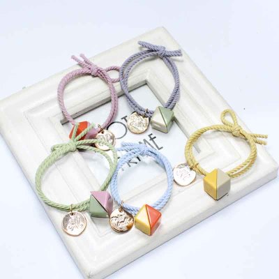 Korean Style Creative Square Beads Hairtie Fresh Simple Pendant Hair Ring Boutique 1 Yuan Headdress Supply Wholesale
