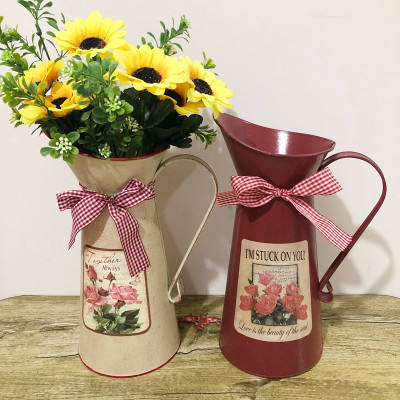 Factory Direct Sales Hot Coffee Pot Shape Flower Container with Bowknot Vase Handmade Flower Arrangement Iron Bucket Flower Pot