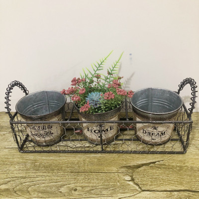 Factory Direct Sales Retro Style Vintage with Barbed Wire Set Iron Bucket Flower Pot Succulent Flower Set Filming Prop Decoration Swing