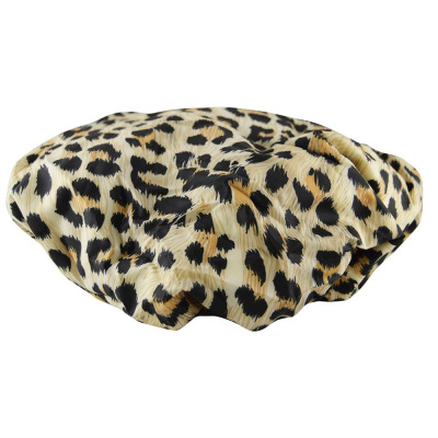 Fashionable and Comfortable Leopard Print Satin Water-Repellent Cloth Lining Elastic Environmental Protection Shower Cap