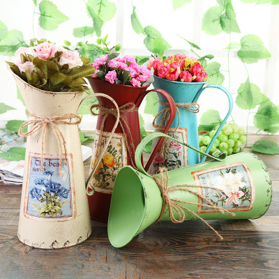 Factory Direct Sales Creative Best-Seller Coffee Pot Shape Pastoral Style Stickers Flower Container Handmade Iron Bucket Crafts