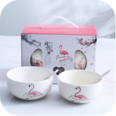 Flamingo 2 Bowl 2 Spoon Ceramic Set Color Box