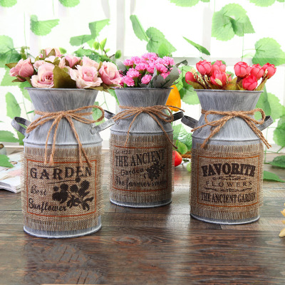 Factory Direct Sales Creative Idyllic Decorative Milk Jug Shape Vintage Patch Linen Flower Arranging Bucket Decorative Crafts