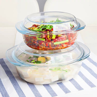 Tempered Glass Bakeware Oval Bowl Soup with Lid Household Microwave Bowl Available Double-Ear Bowl