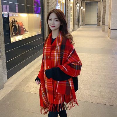 Korean New Cashmere Button Women's Cloak Shawl Korean Autumn and Winter Dual-Use Tassel Plaid Scarf Scarf Scarf