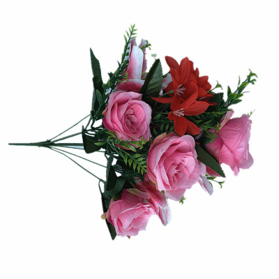 Factory Direct Sales Artificial Rose Indoor and Outdoor Decorative Floral 9-Head Rose Lily Combination