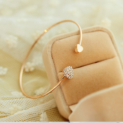 Korean Jewelry Diamond Double Loving Heart with Opening Bracelet Heart-Shaped Crystal Bracelet Gold Plated