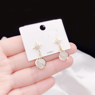 Korean Style Sterling Silver Needle Retro Asterism Opal Diamond Stud Earrings Korean Internet Celebrity Light Luxury and Simplicity Elegant Earrings for Women