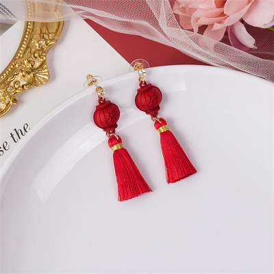 Silver Needle Festive Red Xi Character Earrings Female Knot Lucky Cat Lantern Tassel Earrings