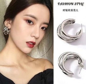 S925 Silver Needle European and American Retro Aloofness Style C- Shaped Multi-Layer Compact Temperamental All-Matching Geometric Metal Quality Earrings