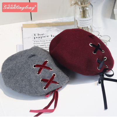 Autumn and Winter Hot Sale Retro Beret Women's Mori Artistic Woolen Thick Painter Cap Full Wool Ribbon Bow