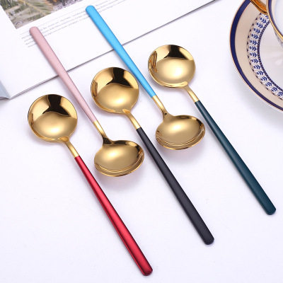 304 Stainless Steel Spoon Korean Household Internet Celebrity round Spoon Creative Paint Dessert Coffee Spoon for Stirring Baby Spoon