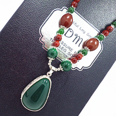 Dark Green Water Drop Necklace Bohemian Imitation Green Jade Retro Artistic Sweater Chain Pendant Clothes European and American Style Accessories