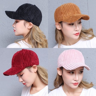 Autumn Hat Women's Winter Korean-Style Solid Color Thick Striped Corduroy Baseball Cap Female Winter Student All-Matching Warm Peaked Cap