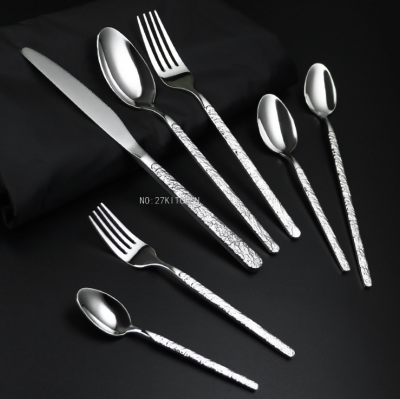 New Featured Embossed Texture Stainless Steel Western Tableware Seven-Piece Set Hotel Steak Knife, Fork and Spoon