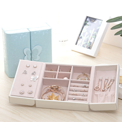 Korean Style Double-Open Jewelry Box Portable Ear Stud and Ring Jewelry Storage Box Square Exquisite Jewelry Box