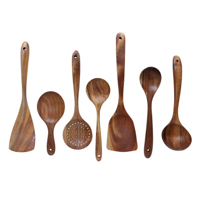 Teak (Long-Handled Spoon Wooden Colander Nonstick Dedicated Spatula Acacia mu chan Wood Small Rice Spoon Strainer Spoon