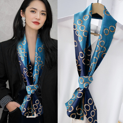 Star Same Style Scarf Scarf Silk Ribbon Imitation Silk All-Matching Satin Rectangular Towel Narrow Scarf Factory Wholesale