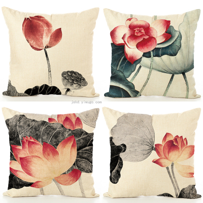 Chinese Classical Water Ad Ink Lotus Linen Pillow Case Retro Furnishings Sofa Cushion Car Cushion Wholesale Customization