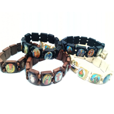 Currently Available Religious Catholic Jewelry Christian Supplies Wooden Icons Oil Elastic Beaded Bracelet