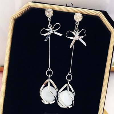 S925 Needles South Korea Opal Earrings Minimalist Online Influencer Refined Sense of Quality Bow Long Ear Studs Earrings Female