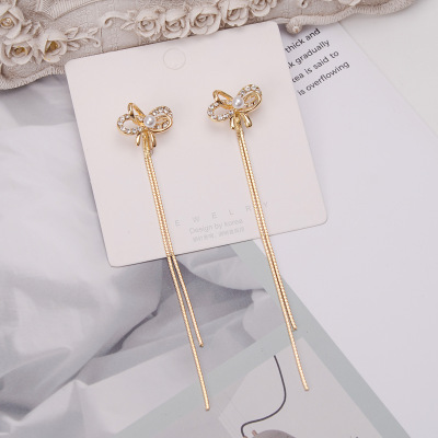 Sterling Silver Needle Micro-Inlaid Bow Tassel Dual-Wear Stud Earrings New Fashion Earrings for Women