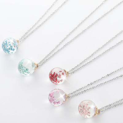 2020 Cross-Border New Arrival Glass Wishing Bottle Necklace Real Flower and Dried Flower Necklace Multicolor Transparent Glass Ball Necklace