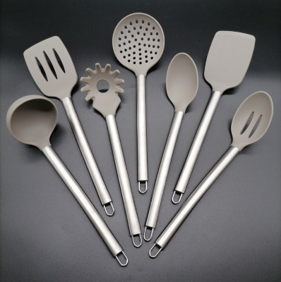 Stainless Steel Handle Silicone 7-Piece Kitchen Ware Set High Temperature Resistant Stainless Steel Handle Cooking Spoon and Shovel Kitchenware Set