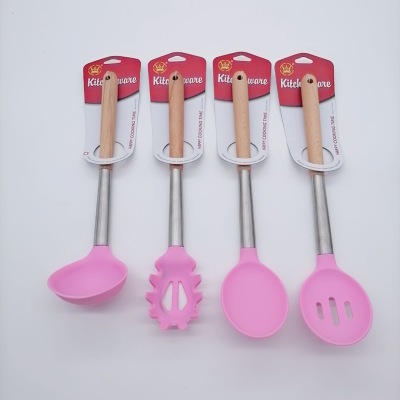 Silicone Kitchenware Wooden Handle Stainless Steel Silicone Kitchen 8-Piece Set Household High Temperature Resistant Ladle Spoon Household