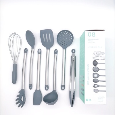 Amazon Hot Sale Kitchen Tools Silicone Stainless Steel Handle Silicone Kitchenware High Temperature Resistant Silicone Kitchenware 8-Piece Set