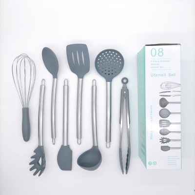 Amazon Hot Sale Kitchen Tools Stainless Steel Handle Silicone Kitchenware High Temperature Resistant Silicone Kitchenware 8-Piece Set