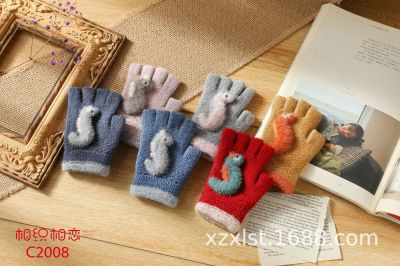 Woven Love 2020 Hot Cartoon Seahorse Children Half Finger Cashmere Knitted Gloves Factory Direct Sales