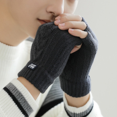Hot Male Student Half Finger Touch Screen Writing Imitation Cashmere Winter Warm Student Open Finger Gloves Factory Direct Sales