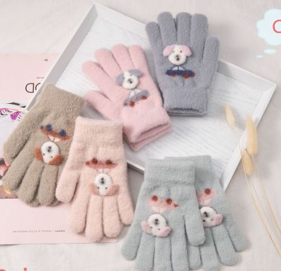Autumn and Winter Children's Primary School Student Cute Fashion Dog Head Five Finger Thermal Writing Gloves Factory Direct Sales