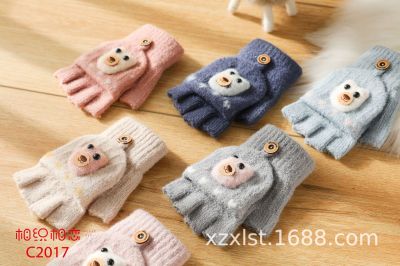 Woven Love 2020 Winter Popular Children's Half Finger Flip Cartoon Bear Printed Cashmere Gloves Factory Direct Sales