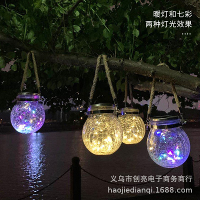 Outdoor Courtyard Tree Decorative Light Copper Wire Lamp Solar Crack Hanging Lamp Ball Glass Jar LED Lamp Wholesale