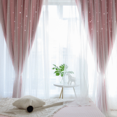 Korean-Style Double-Layer Lace Shading Hollow Stars Curtain Customized Princess Pink Curtain Bedroom Living Room Curtain Finished Product