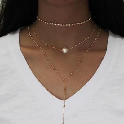 Popular European and American Clavicle Necklace Women's Set Crystal Pendant Three-Layer Pearl Necklace for Women Necklace Wholesale